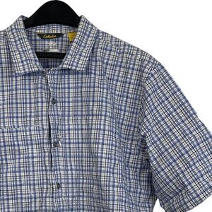 Cabelas‎ Mens L Coolmax Blend Hiking Fishing Short Sleeve Button Up Blue Plaid